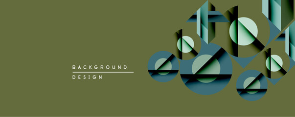 Fototapeta premium Abstract geometric composition. Overlapping circles, rectangles create layered depth. Muted teal, olive tones dominate design. Minimalist aesthetic, modern feel. Background suggests digital art creati