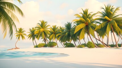 Fototapeta premium A serene beach scene features a row of lush palm trees gently swaying along a pristine, white sandy shore. The tranquil turquoise waters lap softly against the beach under a clear, sunny sky.