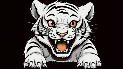 Obraz premium 73. Cartoon tiger cub roaring with cute paws and big eyes, illustrated in bold black line art with no shading