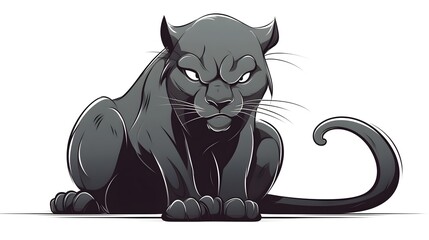 74. Playful cartoon panther crouching with a friendly face, outlined in bold thick lines on a white background
