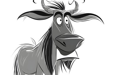 80. Cartoon wildebeest with a comical expression, drawn in bold clean black and white lines with no shading