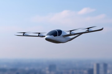 Futuristic urban air mobility with drone-like evtol aircraft in sky