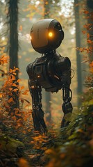 A futuristic robot exploring a forest path.