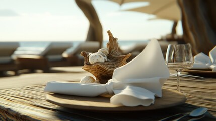 Beachfront dining, elegant table setting, ocean view, relaxation