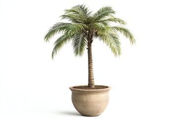 Obraz premium A coconut palm tree in a large ceramic pot, isolated on white background, botanical realism