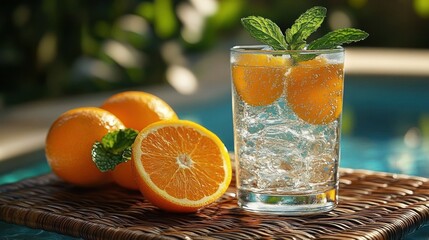 Refreshing glass of sparkling water with ice, orange slices, and mint leaves on a woven surface by the pool on a sunny day
