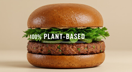 Delicious 100 percent plant based burger on wheat bun with fresh lettuce for vegan lifestyle
