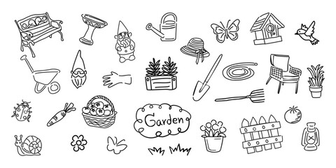 Hand Drawn Sketch Collection of Essential Gardening Tools and Objects
