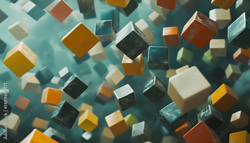 Poster an abstract representation of colorful 3d cubes floating in a dynamic space, creating a sense of mov
