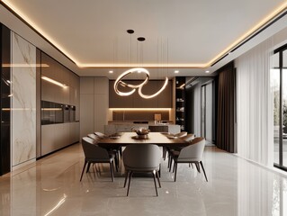 Luxurious modern dining room interior with a modern chandelier