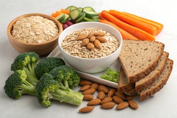 A group of foods with a high content of dietary fiber arranged side by side