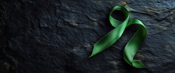 Single green awareness ribbon on dark textured stone background symbolizing support and awareness