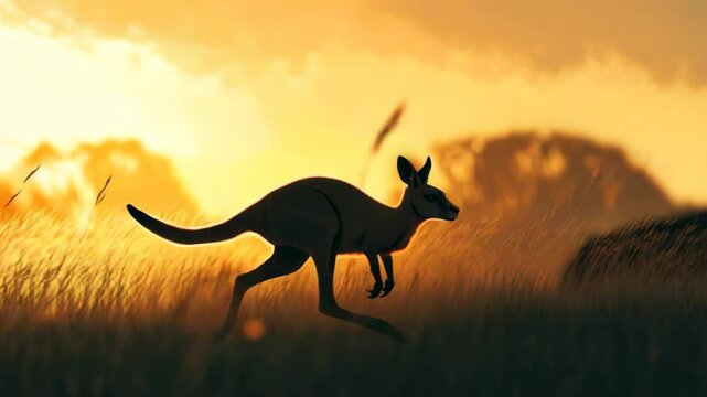 A kangaroo is running through a field of tall grass. The sun is setting in the background, casting a warm glow over the scene