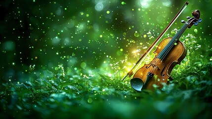 Lush green forest backdrop highlights a violin resting on grass.
