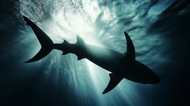 A shark is swimming in the ocean. The water is dark blue and the sun is shining on the shark