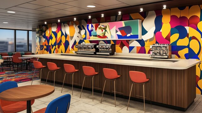 Modern office breakroom with colorful bar, espresso machines, city view