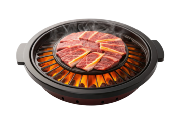PNG Sizzling korean bbq: grilled beef galbi on a charcoal stove