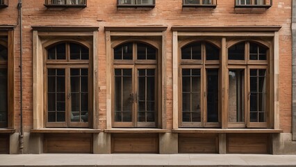 Fototapeta premium Captivating facade of aged brick building featuring arched wood windows evoking a historic on transparent background