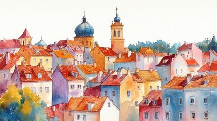 Fototapeta premium Colorful watercolor painting of a European town skyline with red rooftops, church towers, and surrounding trees under soft natural light