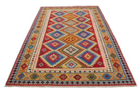 PNG Colorful geometric pattern on traditional kilim rug with diamond motifs