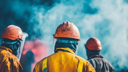 Fototapeta premium Firefighters stand resilient against smoke and flames, embodying bravery and dedication in disaster response. Their protective gear highlights the critical nature of their work.