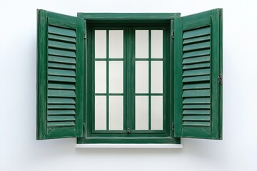 Fototapeta premium Green Window Shutters Open on a White Wall on white background