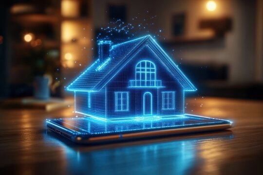 glowing blue digital hologram of a house projected above a tablet on a wooden table in a cozy indoor setting