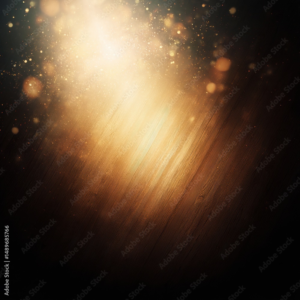 Poster soft glowing light with subtle particles creating a dreamy atmosphere illuminating wooden surface in