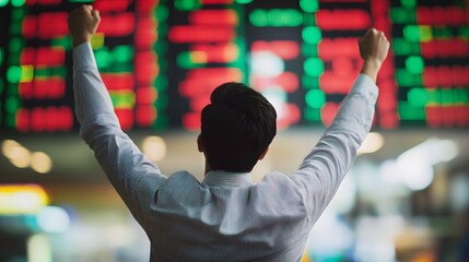a man celebrating with arms raised as stock prices surge