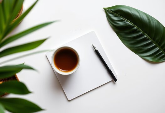 White desk, notepad, pen, coffee, green leaf, flat lay, pen,  business