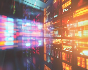 a retro screen style showing stock tickers and market flash