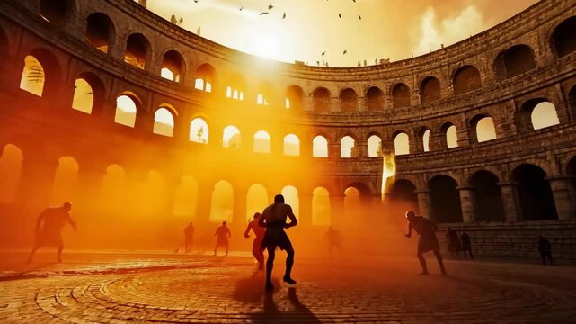 Gladiators Preparing for Battle in a Colosseum Arena Bathed in Golden Sunlight, Ancient Rome, Historical Setting, Dramatic Lighting, and Atmospheric Perspective