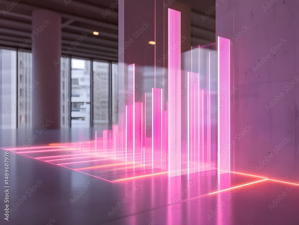 Poster futuristic data visualization in a modern space, showcasing colorful bars representing statistical a
