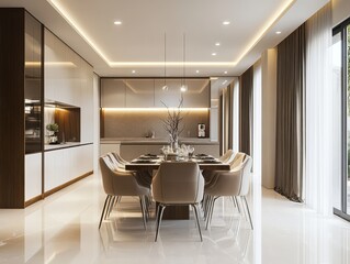 A modern dining room with a long dining table