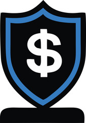 A glossy yellow 3d shield icon with a dollar sign symbolizes financial security and wealth protection in banking and business