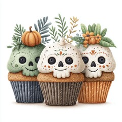 Three Festive Sugar Skull Cupcakes with Autumnal Decorations