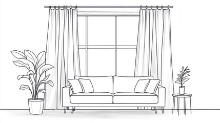 Fototapeta premium Living room sketch, sofa, plants, window, interior design