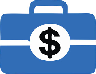 A blue button displays a 3D money bag icon alongside a dollar sign icon, representing finance and wealthA blue button displays a 3D money bag icon alongside a dollar sign icon, representing finance an
