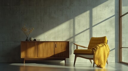 Mid-century chair, wooden cabinet, sunlight, concrete wall, interior design