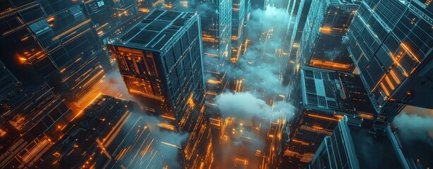 Aerial Perspective of a Massive Data Farm with Interconnected Servers and Networks