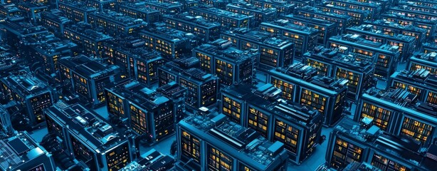 Aerial Perspective of a Massive Data Farm Interconnected with Cyber Technology