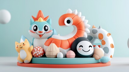 Fototapeta premium Playful Cartoon Animals and Objects 3D Render with Pastel Background