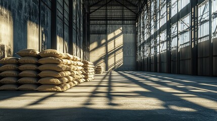 Industrial warehouse sunlight sacks storage