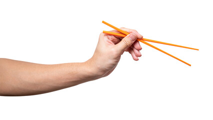 Male hand holding a orange plastic chopstick isolated on white background.