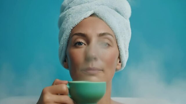 Portrait of a woman wearing a sun visor, sitting in a tiny kiddie pool set on a frozen lake. Steam rises from a mug in her hands.