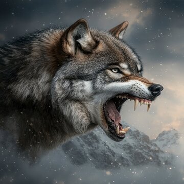 Snarling Gray Wolf in Snowy Mountains