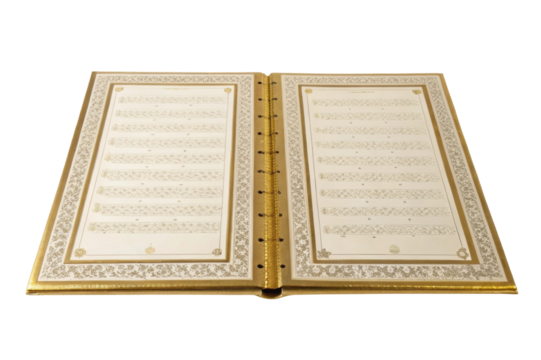 PNG Open ornate quranic pages with intricate gold and silver detailing