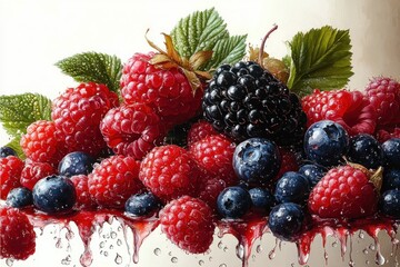 Close-up of fresh assorted berries including raspberries, blueberries, and blackberries with green leaves and water droplets, evoking freshness and natural ripeness