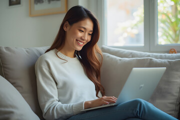 Naklejka premium Woman Smiling Working on Laptop on Sofa