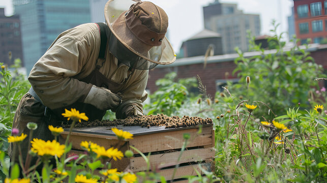 Beekeeper tending to a beehive in an urban garden with yellow flowers and city buildings in the background - Powered by Adobe